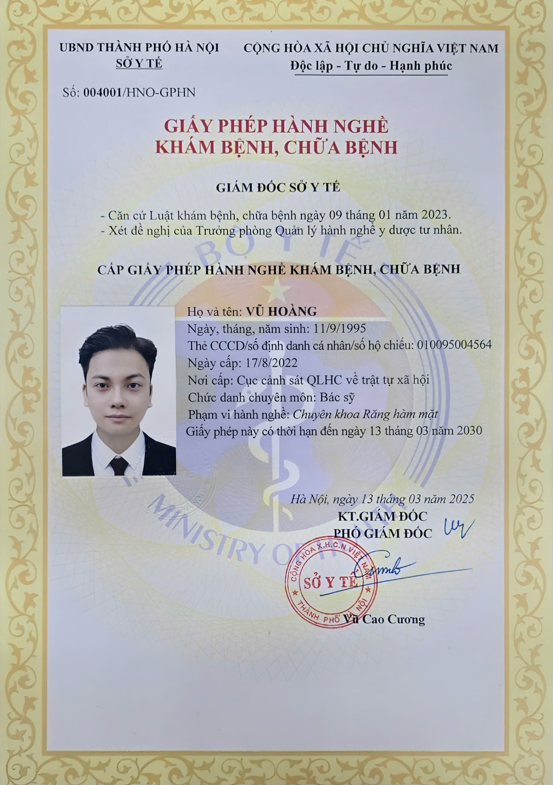 giấy phép hành nghề của thạc sĩ bác sĩ vũ hoàng