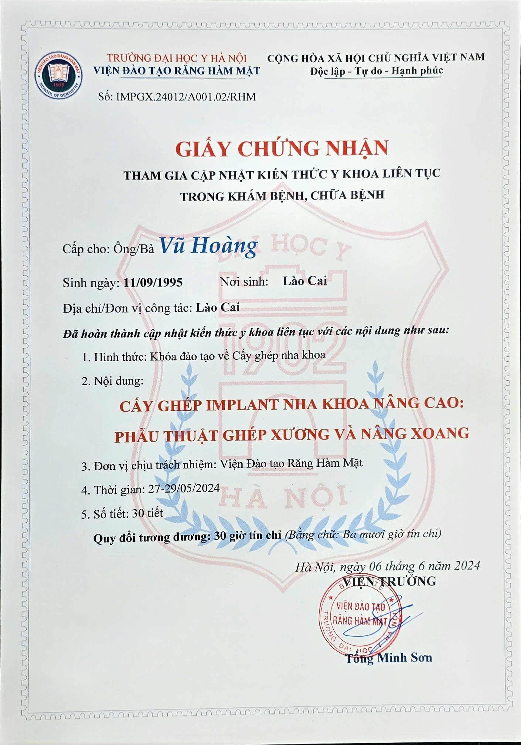 chứng chỉ cấy ghép implant nâng cao thạc sĩ bác sĩ vũ hoàng