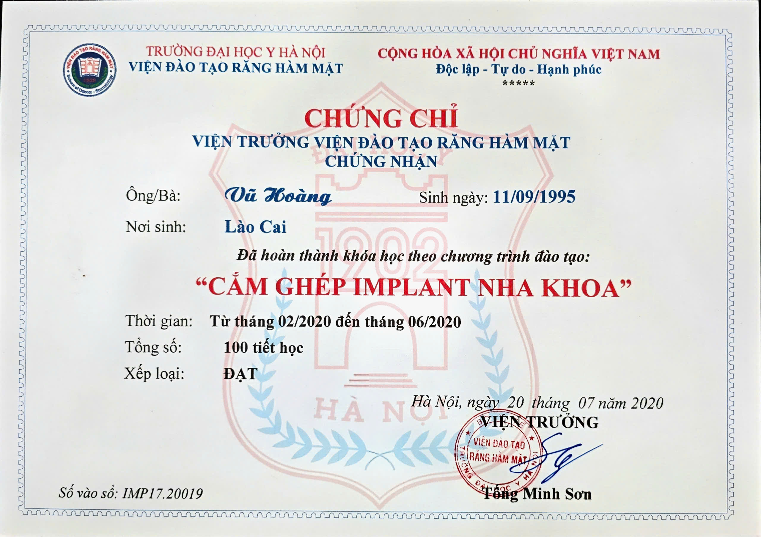 chứng chỉ cấy ghép impalant cơ bản thạc sĩ bác sĩ vũ hoàng