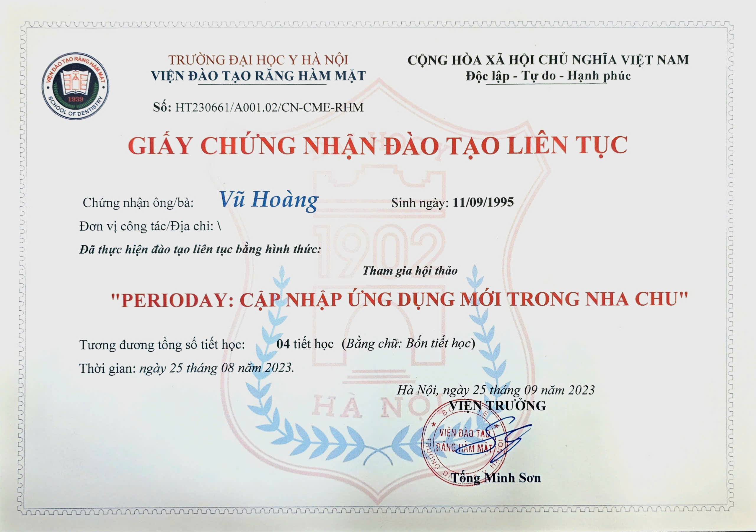 chứng nhận tham gia hội tahor nha chu thạc sĩ bác sĩ vũ hoàng