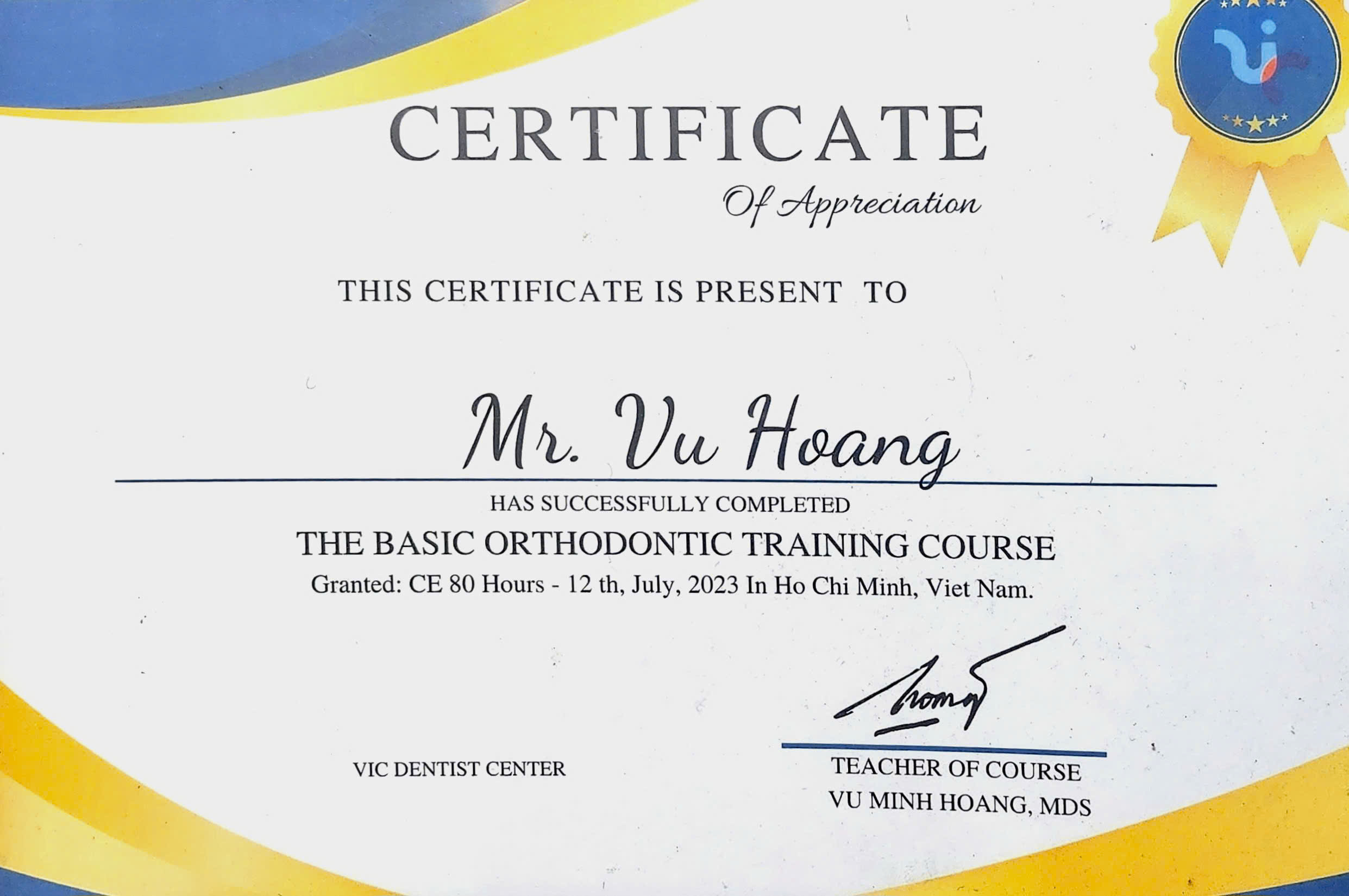 chứng nhận tham gia khoá chỉnh nha thạc sĩ bác sĩ Vũ Hoàng