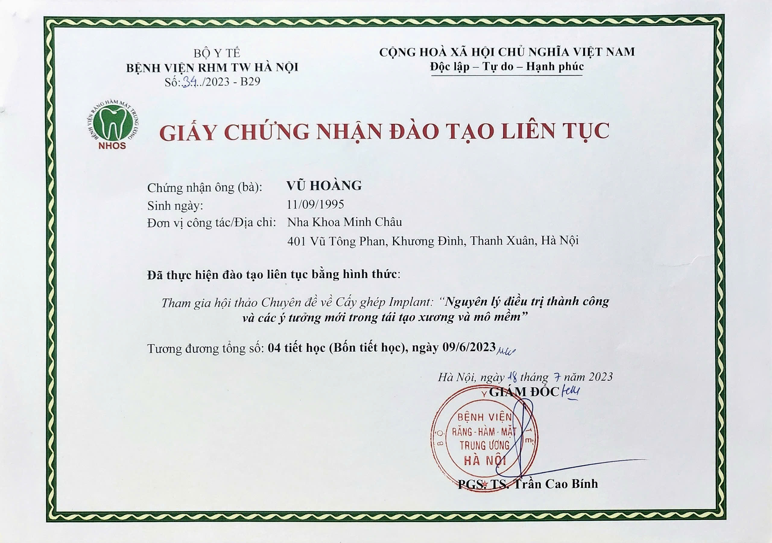 chứng nhận tham gia hội thảo nguyên lý tái tạo xương và mô mềm thạc sĩ bác sĩ vũ hoàng