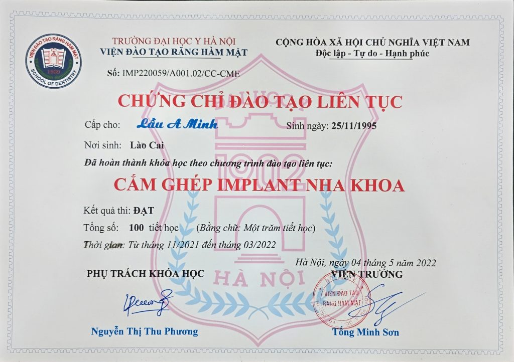 CHỨNG CHỈ CẤY GHÉP IMPLANT NHA KHOA CẤP BỞI VIỆN ĐÀO TẠO RĂNG HÀM MẶT CỦA THẠC SĨ BÁC SĨ LẦU A MINH