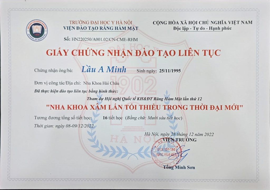 CHỨNG CHỈ HỘI THẢO NHA KHOA XÂM LẤN TỐI THIỂU