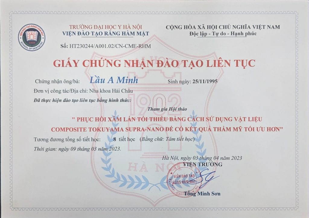 CHỨNG CHỈ HỘI THẢO PHỤC HỒI XÂM LẤN TỐI THIỂU