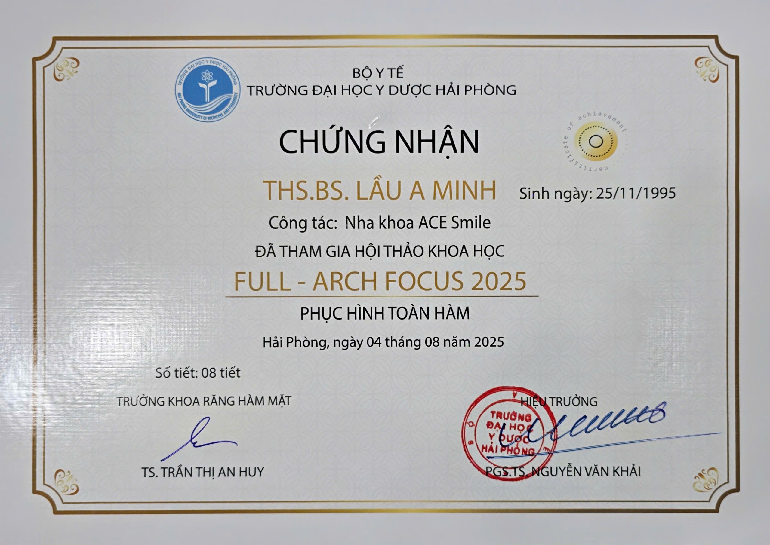 CHỨNG NHẬN PHỤC HÌNH TOÀN HÀM THẠC SĨ BÁC SĨ LẦU A MINH